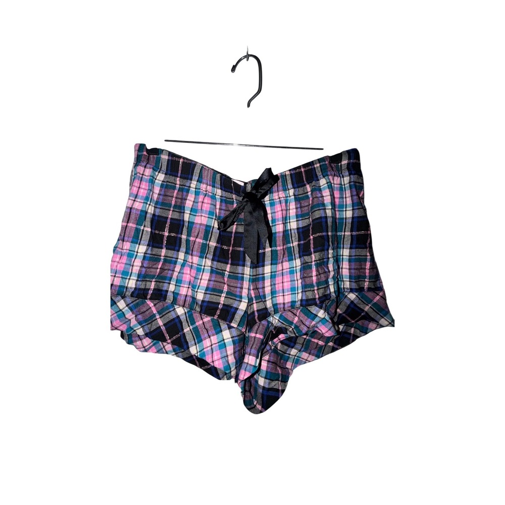 Victoria's Secret Pajama Shorts Womens Medium Pink‎ Blue Plaid Good Metallic Bow